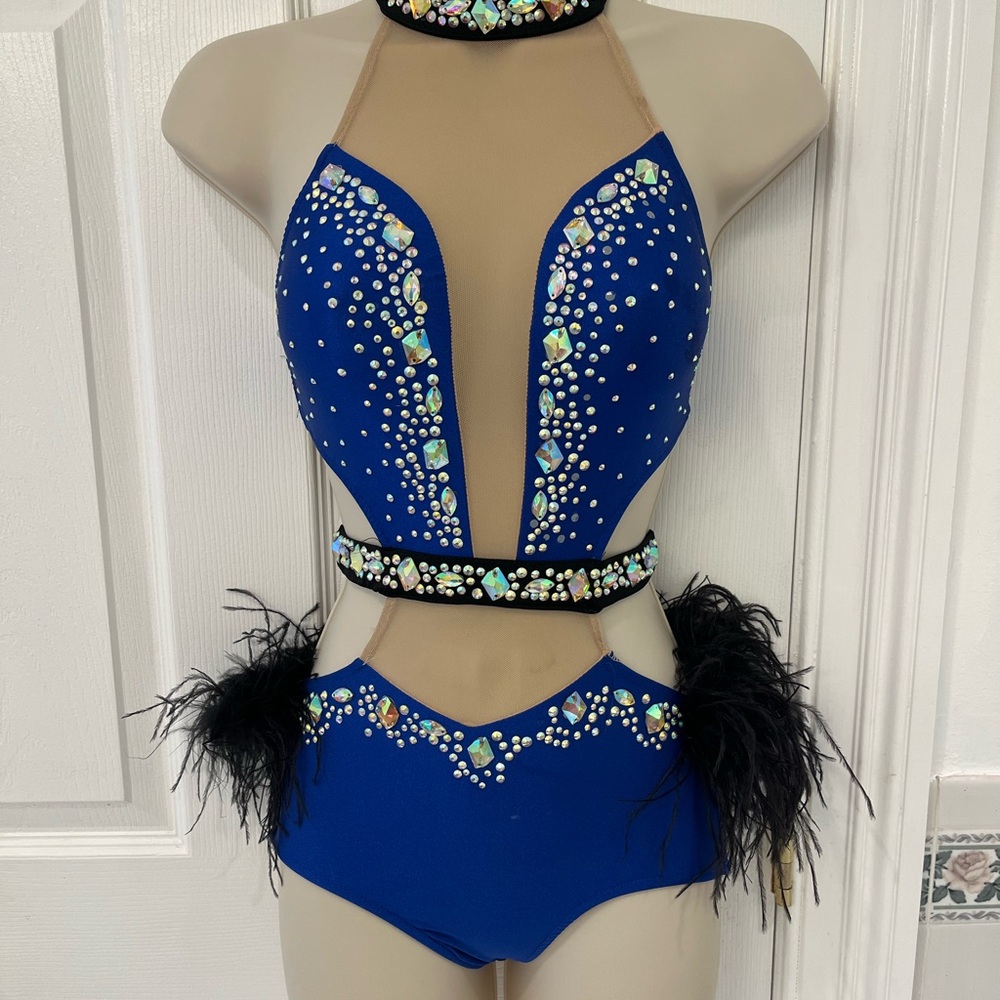 Glamour Royal Blue Rhinestone & Feather Dance Costume